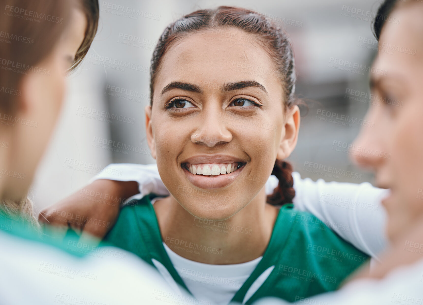 Buy stock photo Happy, woman and team huddle in sports, game or conversation on field for advice in soccer match or competition. Football player, group and support in circle or exercise, workout or training together