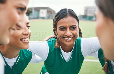 Buy stock photo Happy, woman and team huddle in sports, game or conversation on field for advice match in soccer competition. Football player, group and support in exercise, workout or training together on grass