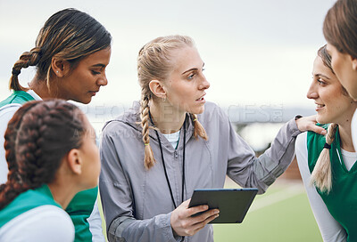 Buy stock photo Coach, sports women or team planning tactics or strategy in a hockey training game, conversation or match. Tablet, talking or athletes in practice for fitness exercise together for teamwork in group