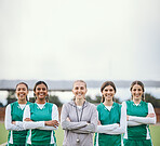 Portrait, coach and team with arms crossed, women and fitness with competition, exercise and wellness. Face, group or healthy people with support, cooperation or training with sports, workout or game