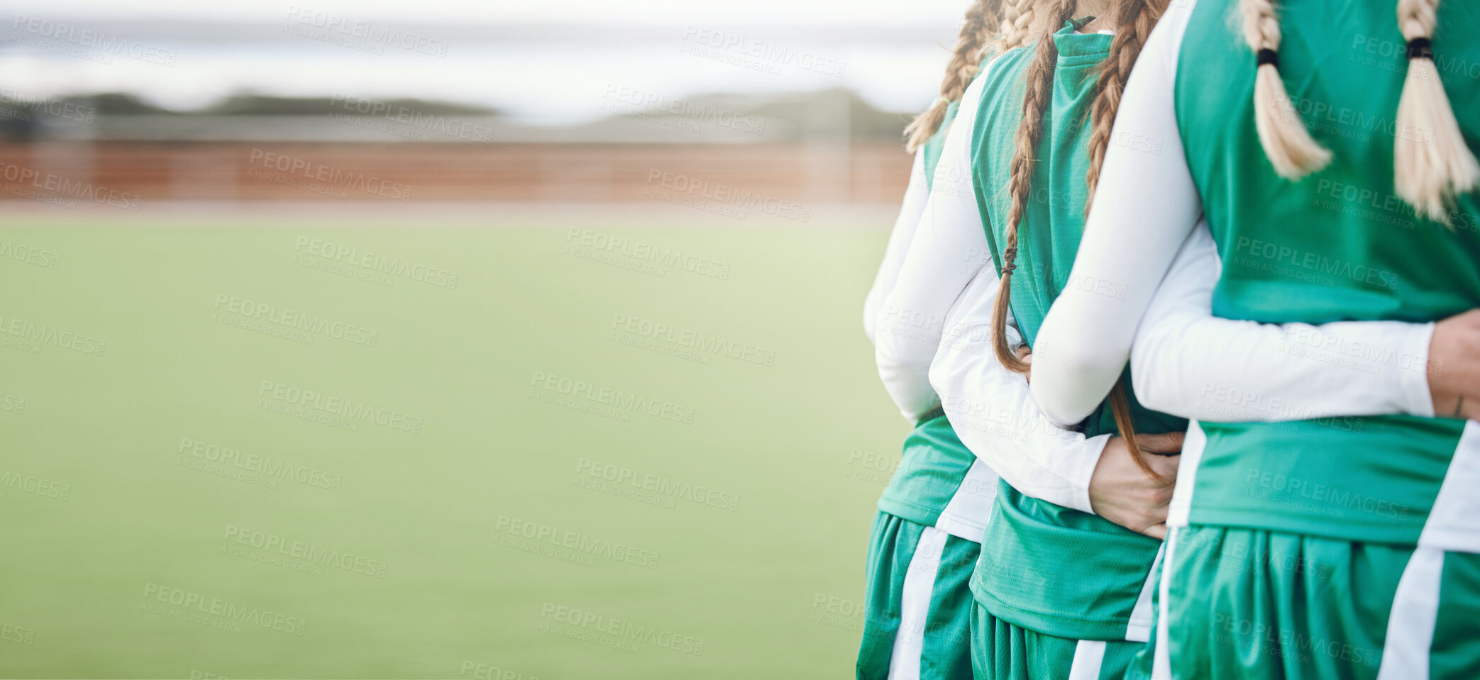 Buy stock photo Women, fitness team and huddle with back on sport field with mockup space outdoor. Arms linked, solidarity and workout together with friends and training for exercise and game with support and unity