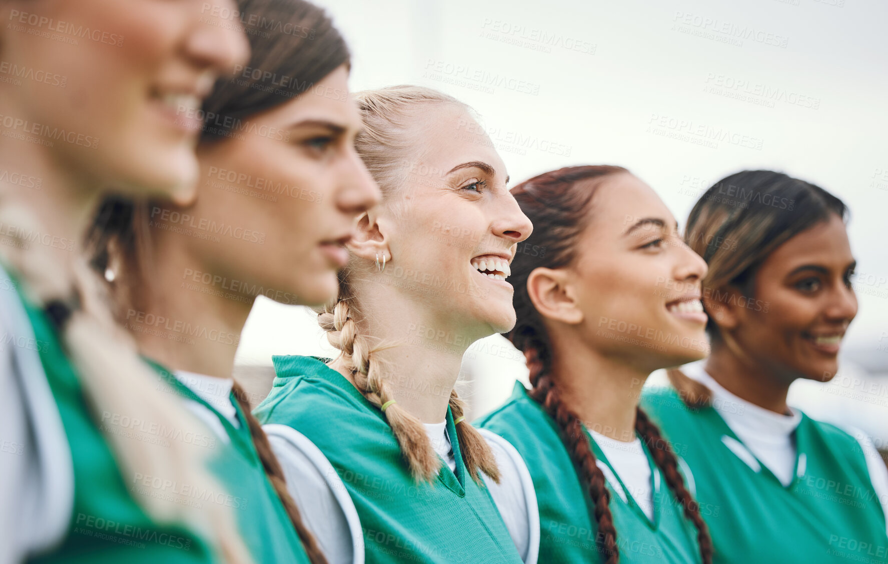 Buy stock photo Women, fitness team and huddle smile with sport field with mockup space outdoor. Community, solidarity and workout together with friends and training for exercise and game with support and unity