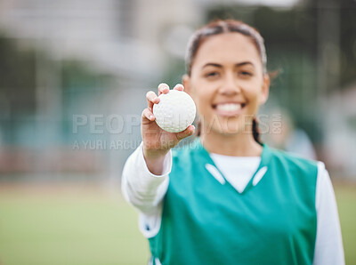 Buy stock photo Female, person and smile for hockey with ball in hand on field for competition, match or workout. Girl, happy and confident with sports, equipment or gear for game, training and health for wellness