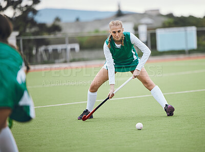 Buy stock photo Field, hockey and woman in sports, game or action in competition with ball, stick and team on artificial grass. Sport, teamwork and women play in training, exercise or workout for goals in match