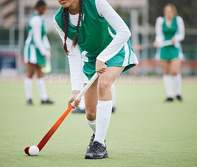 Buy stock photo Woman athlete, hockey and field with fast exercise for game goal training or running, workout on grass turf. Professional sports person, fitness competition or strong cardio health, challenge in play