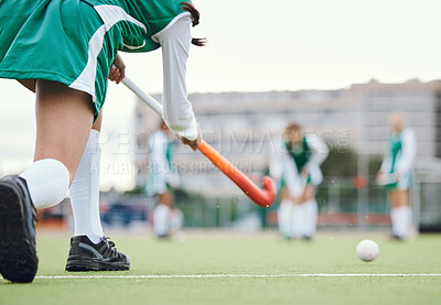 Buy stock photo Field, hockey and woman running in game, tournament or competition with ball, stick and team on artificial grass. Sports, team and women play in training, exercise or workout with teamwork on ground