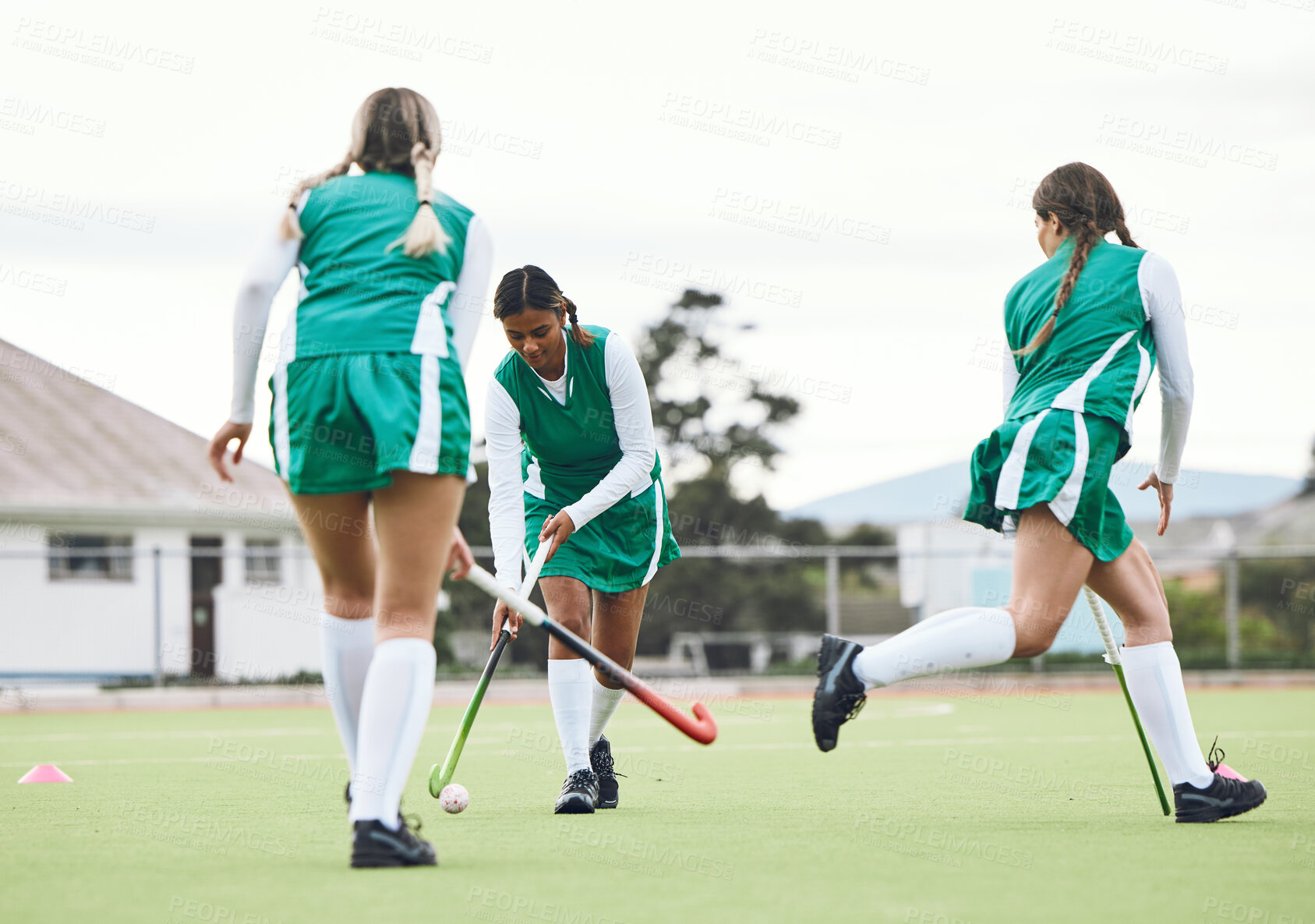 Buy stock photo Hockey, group and women with fitness, game and training with competition, wellness and workout. People, players and girls playing, equipment or practice on a field, exercise and support with teamwork