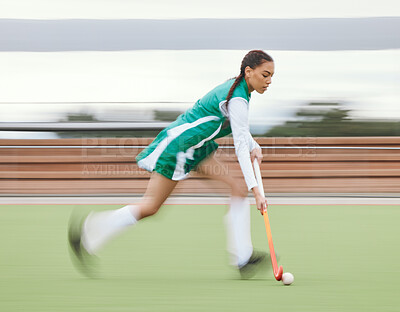 Buy stock photo Hockey, sports or woman running in game, tournament or competition with ball, stick or action on turf. Blur, training or fast girl player in exercise, workout or motion on artificial grass for speed