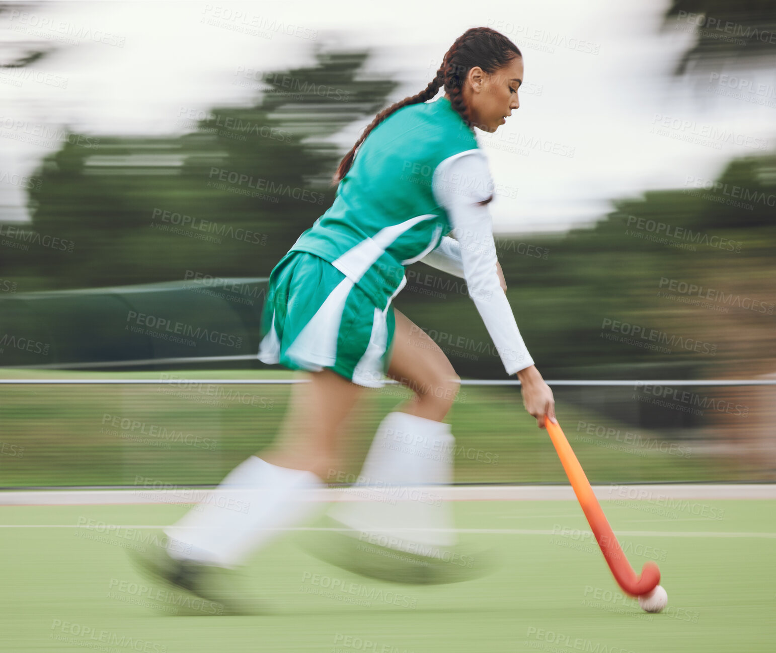 Buy stock photo Hockey, speed or woman running in game, tournament or training with ball, stick or action on turf. Blur, sports or fast girl player in exercise, workout or motion on artificial grass for fitness