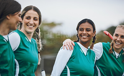 Buy stock photo Funny, team sports or people in conversation on turf or court for break after fitness training or exercise. Diversity, happy friends or female hockey players laughing or talking to relax together