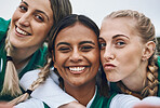 Woman, exercise, or field as portrait selfie for hockey teamwork outdoor sport, exercise or fitness. Athlete smile, strong competition or training group in game for cardio, health or happy workout 