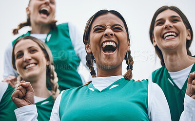 Buy stock photo Sports, celebration and portrait of happy woman with team, achievement and winning at challenge. Diversity, hockey and excited group of women, winner at competition with smile and success at stadium.