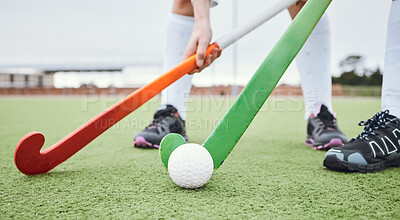 Buy stock photo Hockey team, stick or field for exercise fitness workout or running performance, physical or sport challenge. Health professional athlete, cardio collaboration or outdoor competition, game or closeup