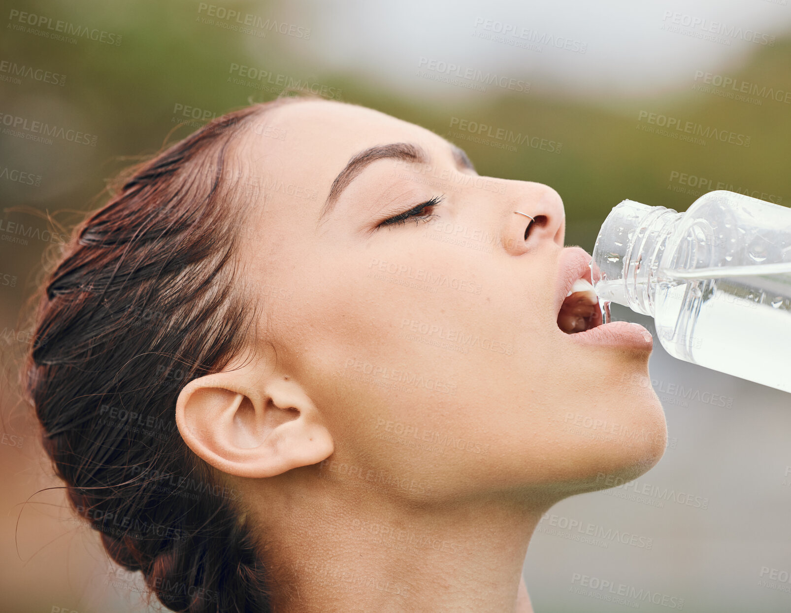 Buy stock photo Outdoor, wellness and woman drinking water, fitness and tired with fatigue, nutrition and workout. Person, runner and athlete with hydration, liquid or thirsty with health, bottle with aqua or sports