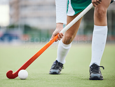 Buy stock photo Woman athlete, hockey and field with exercise for game goal training or running, workout on grass turf. Feet of sports person, fitness competition or strong cardio health, challenge in fast play