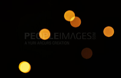Buy stock photo Gold, bokeh and mockup with light on dark background for New Year, Christmas or festive celebration with fireworks at night. Mock up, space and sparkle in winter with magic, glow or shine on backdrop