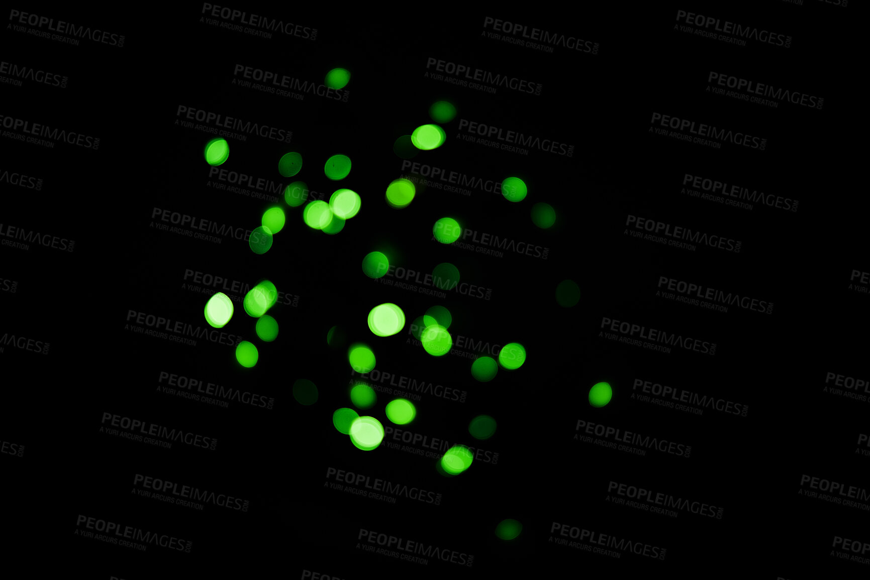 Buy stock photo Green, lights and bokeh in a studio with dark background for celebration, event or party. Confetti, glitter and color sparkles for magic, shine or glow for festive by black backdrop with mockup.