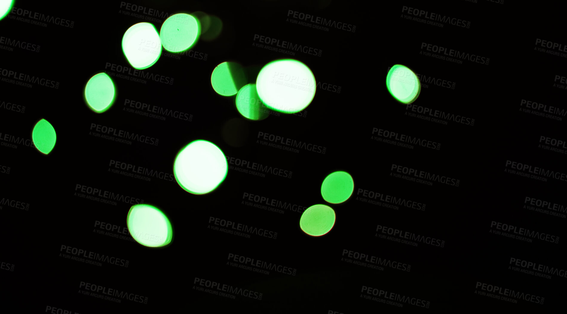 Buy stock photo Bokeh on a dark background, green dots and sparkle with mockup space, abstract or wallpaper with special effects. Texture, pattern and glitter, graphics with glow or shine, disco with bubble decor