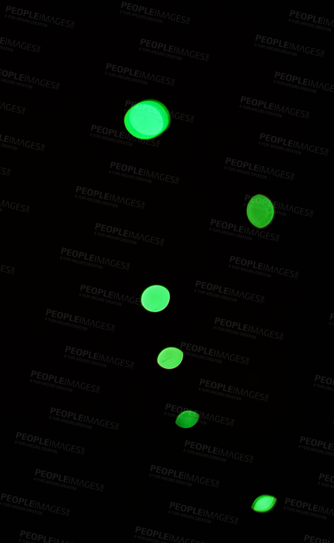 Buy stock photo Green light, bokeh and glow on black background isolated on a mockup space. Blur, dark backdrop and defocused shine, sparkle or glitter at night for Christmas, holiday or party with magic color dots