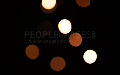 Buy stock photo Gold, lights and bokeh on dark blurred background for New Year, Christmas or festive fireworks celebration at night. Mock up, space and sparkle in winter with magic, glow or shine on black backdrop