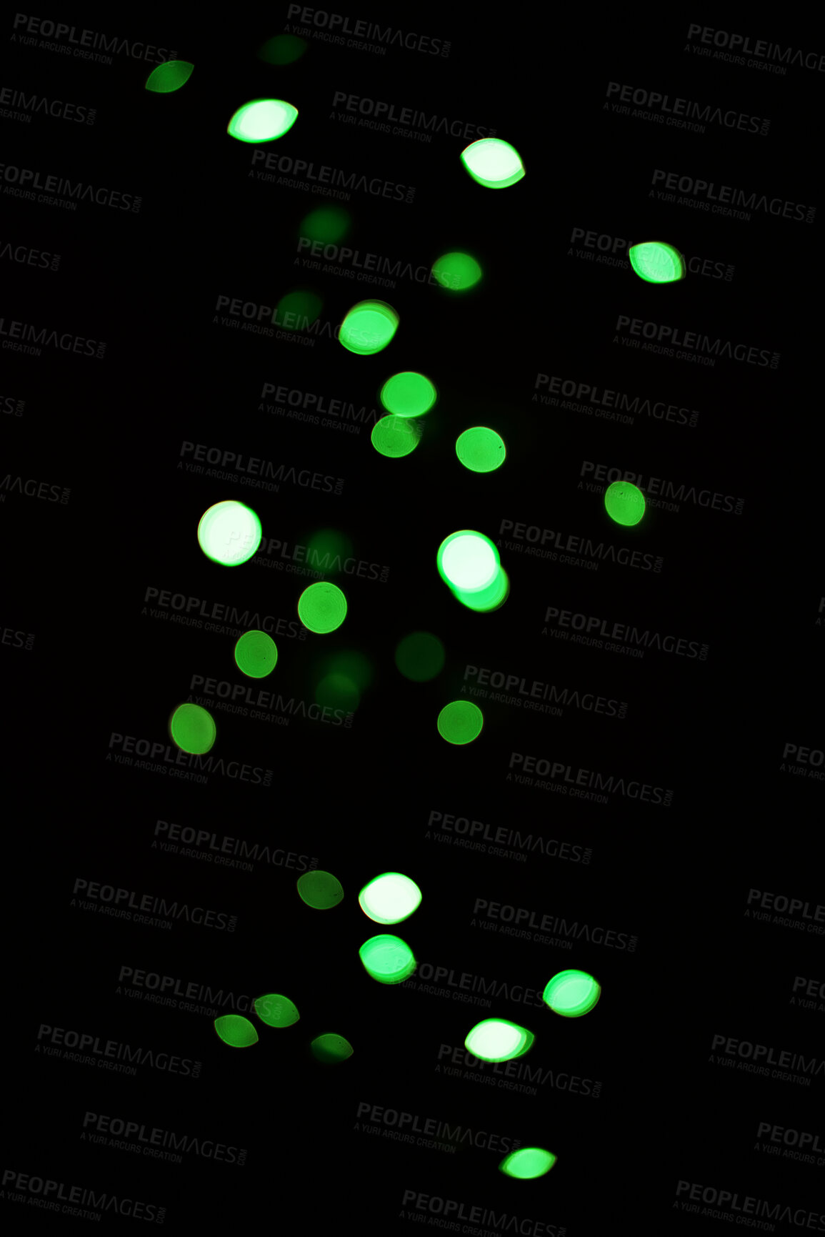 Buy stock photo Green light, bokeh and glow on dark background isolated on a mockup space. Blur, black backdrop and defocused shine, sparkle or glitter at night for Christmas, holiday or party with magic color dots