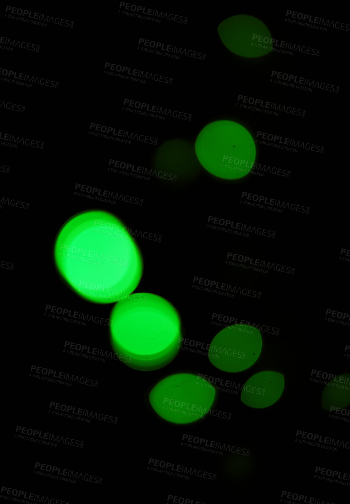 Buy stock photo Green light, bokeh and glow on dark background on a mockup space. Blur, black backdrop and defocused shine, sparkle or abstract glitter at night for Christmas, holiday or party with magic color dots