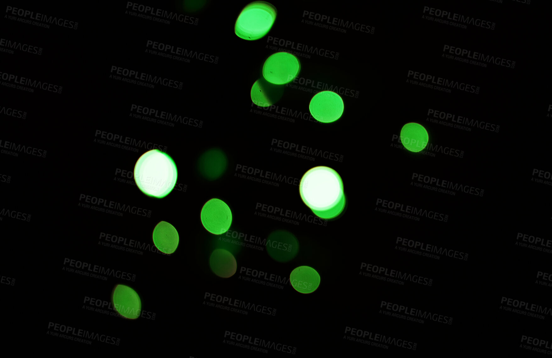 Buy stock photo Green light, bokeh and dots on dark background isolated on a mockup space. Blur, black backdrop and defocused shine, sparkle or glitter at night for Christmas, holiday or party with magic of color