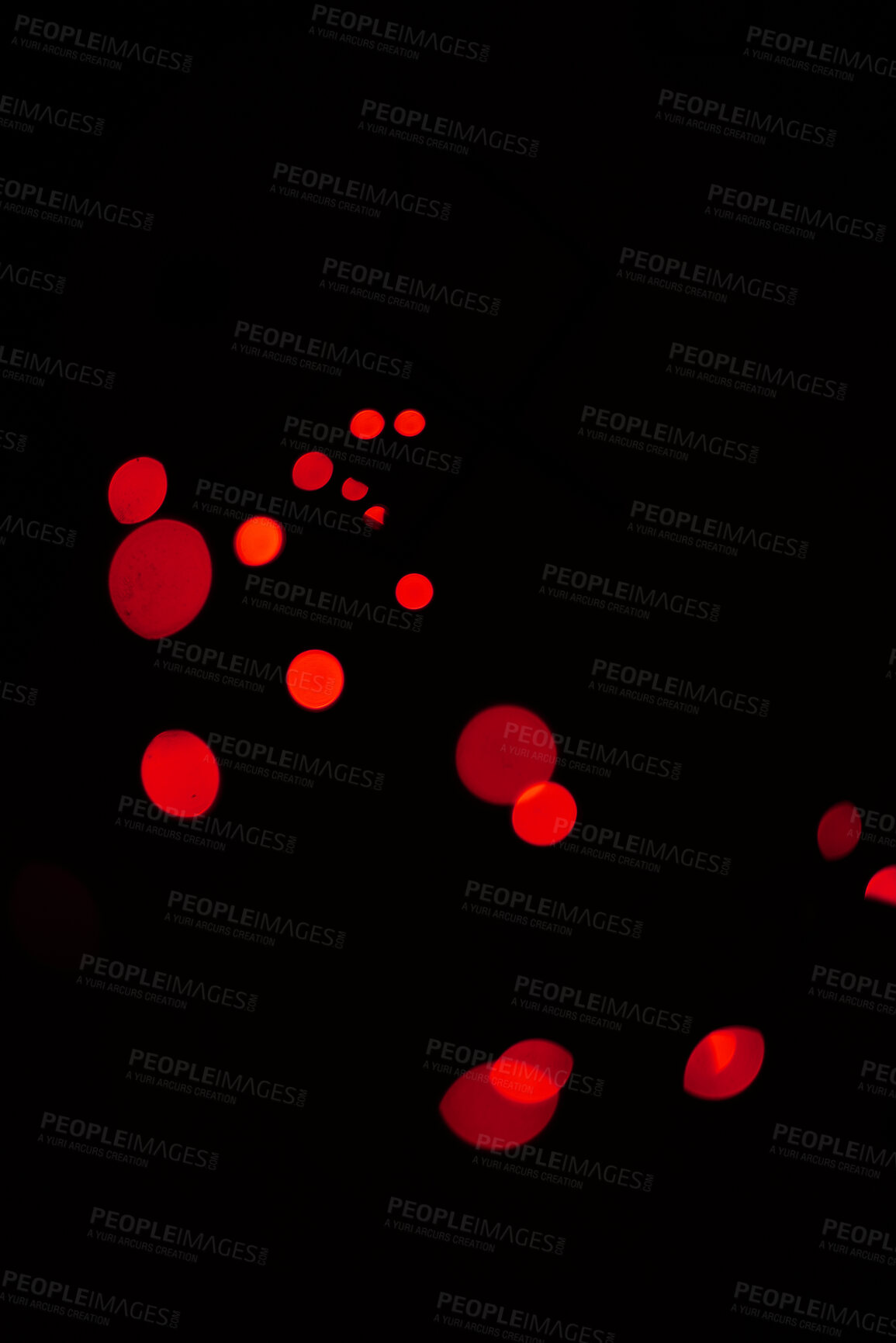 Buy stock photo Bokeh, red dots and lights on black background with pattern, texture and mockup with cosmic aesthetic. Night lighting, sparkle particles and glow on dark wallpaper with space, color shine and flare.