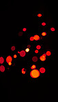 Bokeh, red and orange lights on black background with pattern, texture and mockup with cosmic aesthetic. Night lighting, sparkle particles and glow on dark wallpaper with space, color shine and flare