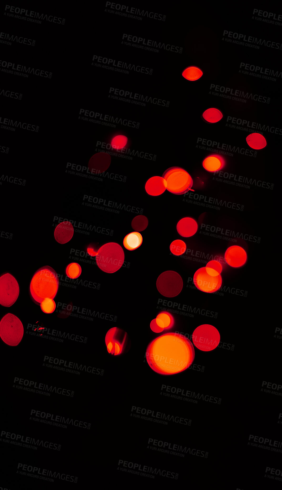 Buy stock photo Bokeh, red and orange lights on black background with pattern, texture and mockup with cosmic aesthetic. Night lighting, sparkle particles and glow on dark wallpaper with space, color shine and flare