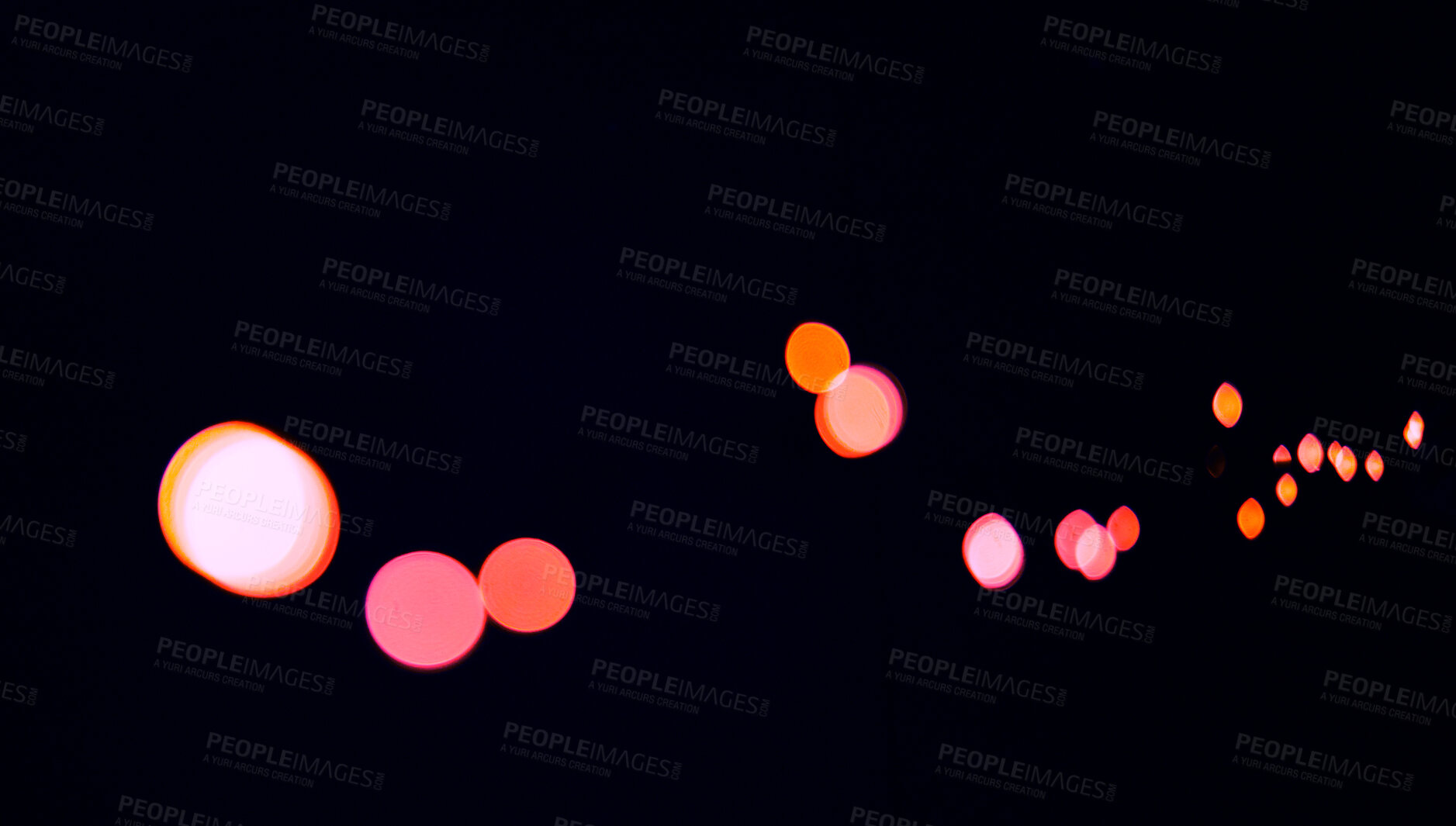 Buy stock photo Bokeh, red color dots and black background with pattern, texture and lights on mockup with cosmic aesthetic. Night lighting, sparkle particles and glow on dark wallpaper with space, shine and flare.