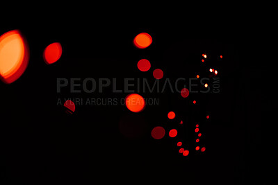 Bokeh, red lights and dark wallpaper with pattern, texture and mockup with cosmic dots aesthetic. Night lighting, sparkle particles and glow on black background with space, color shine and flare.
