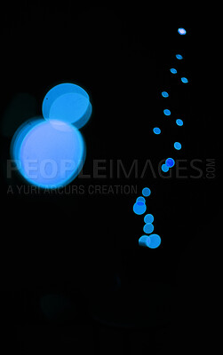 Bokeh, blue lights and dark wallpaper with pattern, texture and dots on mockup with cosmic aesthetic. Night lighting, sparkle particles and glow on black background with space, color shine and flare.