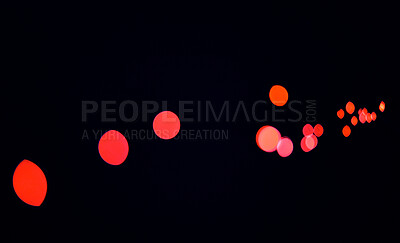 Bokeh, red lights and dark wallpaper with pattern, texture and mockup with cosmic dots aesthetic. Night lighting, sparkle particles and glow on black background with space, color shine and flare.