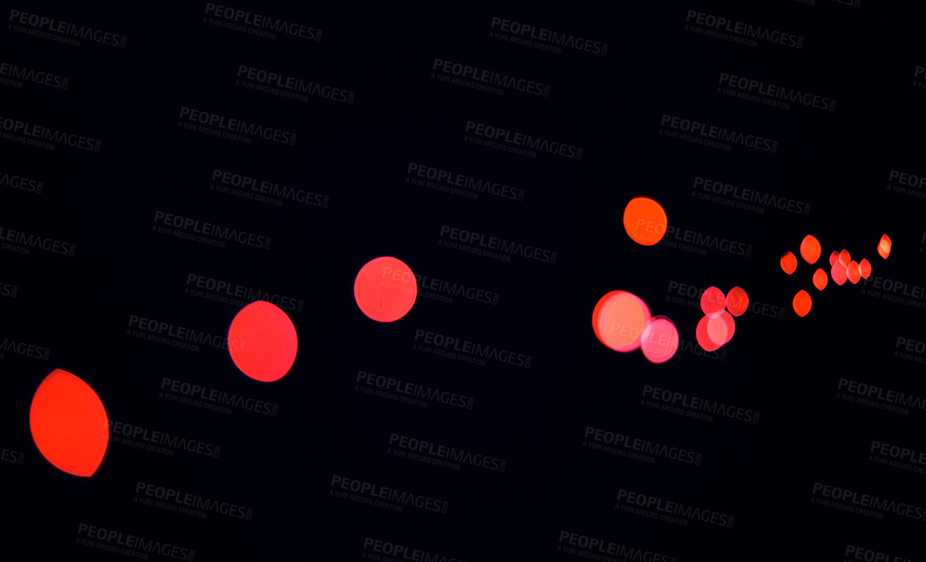 Buy stock photo Bokeh, red lights and dark wallpaper with pattern, texture and mockup with cosmic dots aesthetic. Night lighting, sparkle particles and glow on black background with space, color shine and flare.