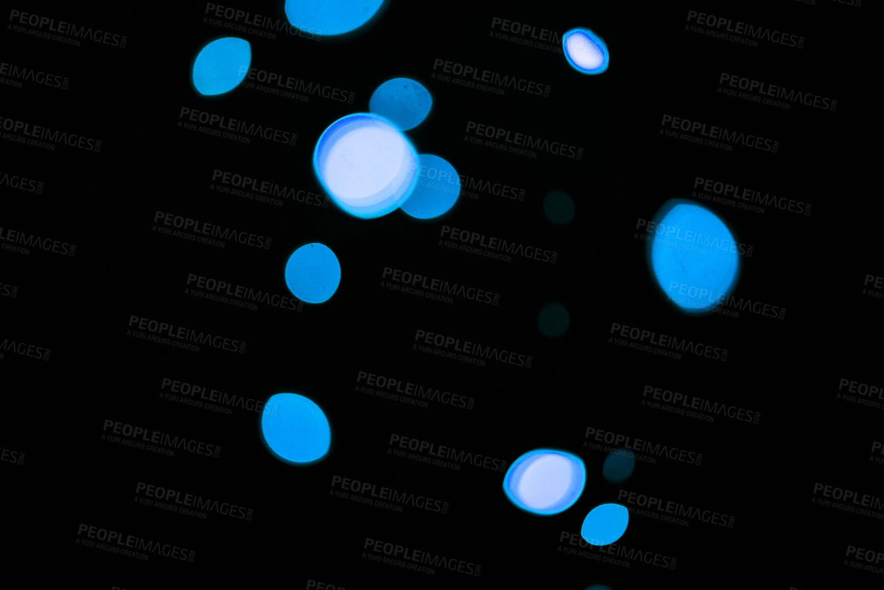 Buy stock photo Bokeh, blue particles and dots on dark background with pattern, texture and mockup with cosmic aesthetic. Night lighting, sparkle lights and glow on black wallpaper with space, color shine and flare.