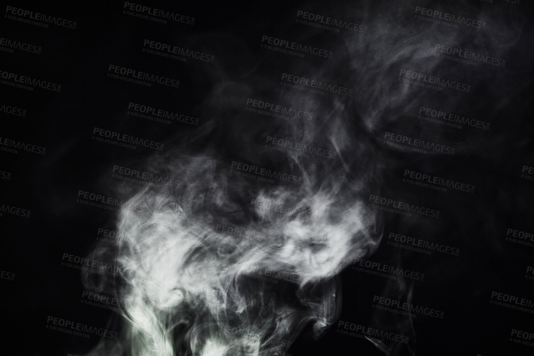 Buy stock photo Smoke, vape and pattern on black background with creative texture, mockup and abstract art of gas or cloud design. Smoking, cigarette or fog for air pollution, warning or danger in empty dark studio