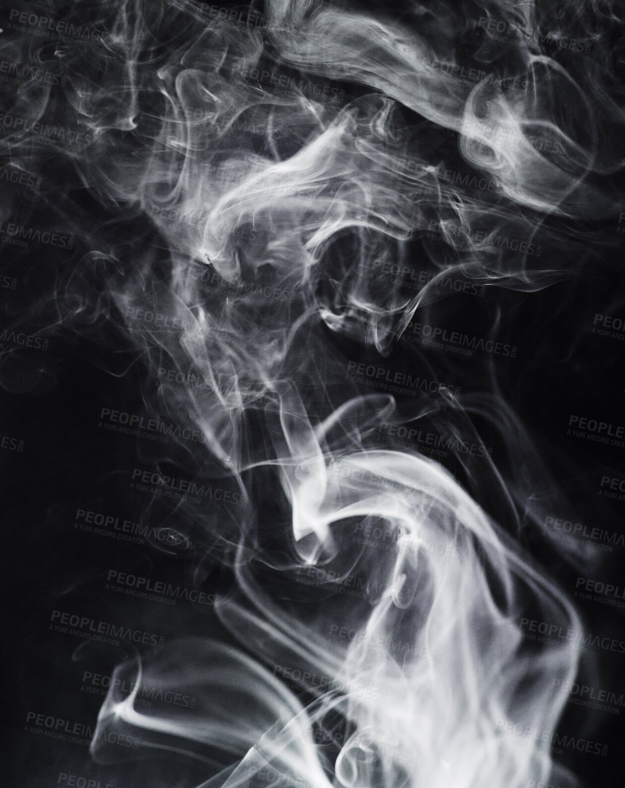 Buy stock photo Smoke, fog or mist on dark background, vapor wave with cloud of gas and fantasy in a studio. Texture, steam or spray with mystery, magic and cigarette, dry ice with special effects and moving smog