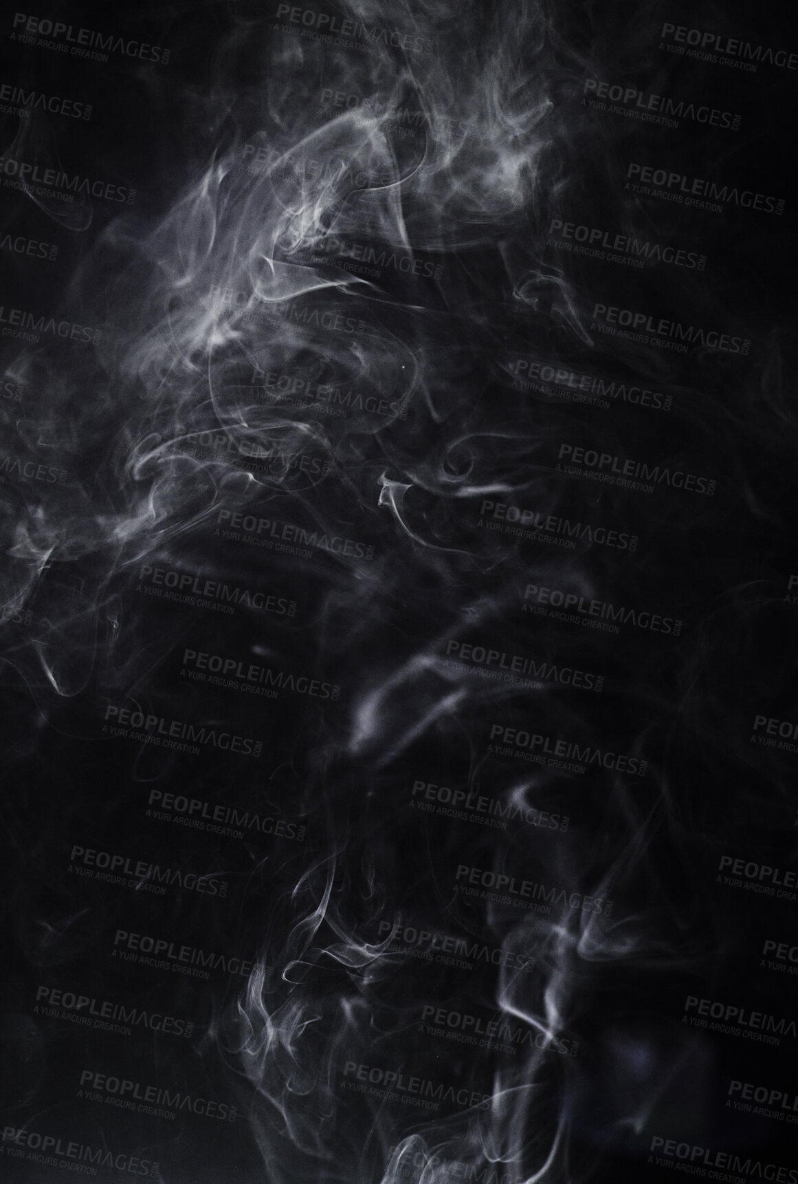 Buy stock photo Abstract smoke, black background and mockup space with vapor, creative art and magic effect. Gloomy fog, dry ice or mystical swirl with special effects in studio, gas or smog with white puff by steam