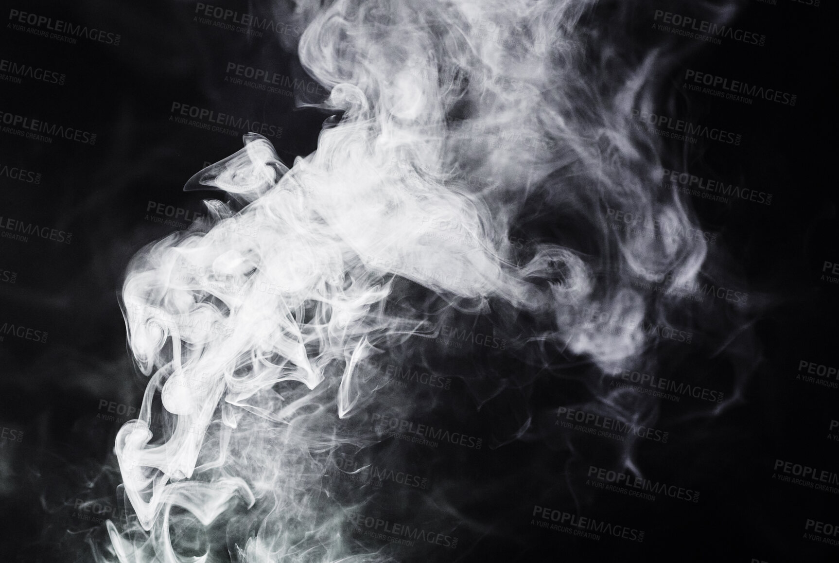 Buy stock photo Smoke, white effect and black background with creative texture, mockup and abstract art, pattern or gas design. Cloud of cigarette, smoking and fog in air, wind or dry ice  in empty or dark wallpaper