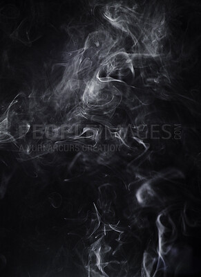 Buy stock photo Smoke, dark background and steam, fog or gas on mockup space wallpaper. Cloud, smog and magic effect on black backdrop of mist with abstract texture, dry ice pattern or vapor of incense moving in air