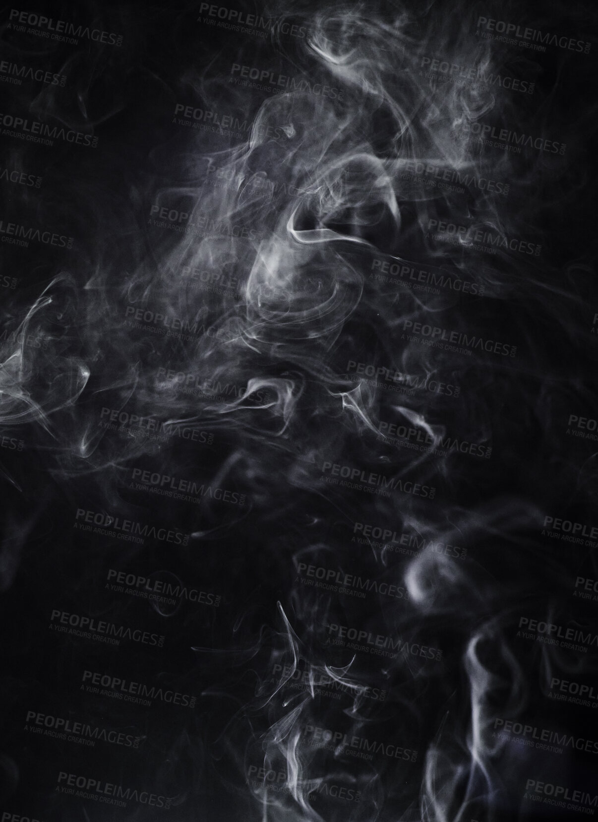 Buy stock photo Smoke, dark background and steam, fog or gas on mockup space wallpaper. Cloud, smog and magic effect on black backdrop of mist with abstract texture, dry ice pattern or vapor of incense moving in air