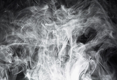 Buy stock photo Smoke, steam or gas in a studio with dark background by mockup space for magic effect with abstract. Incense, fog or vapor mist moving in air for cloud smog pattern by black backdrop with mock up