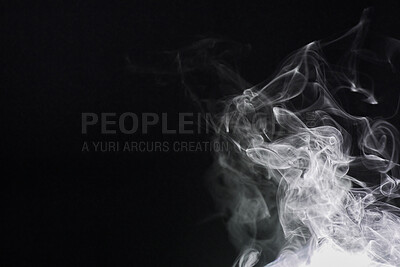 Buy stock photo Smoke, dark background and mist, fog or gas on mockup space wallpaper. Cloud, smog and magic effect on black backdrop of steam with abstract texture, dry ice pattern or vapor of incense moving in air