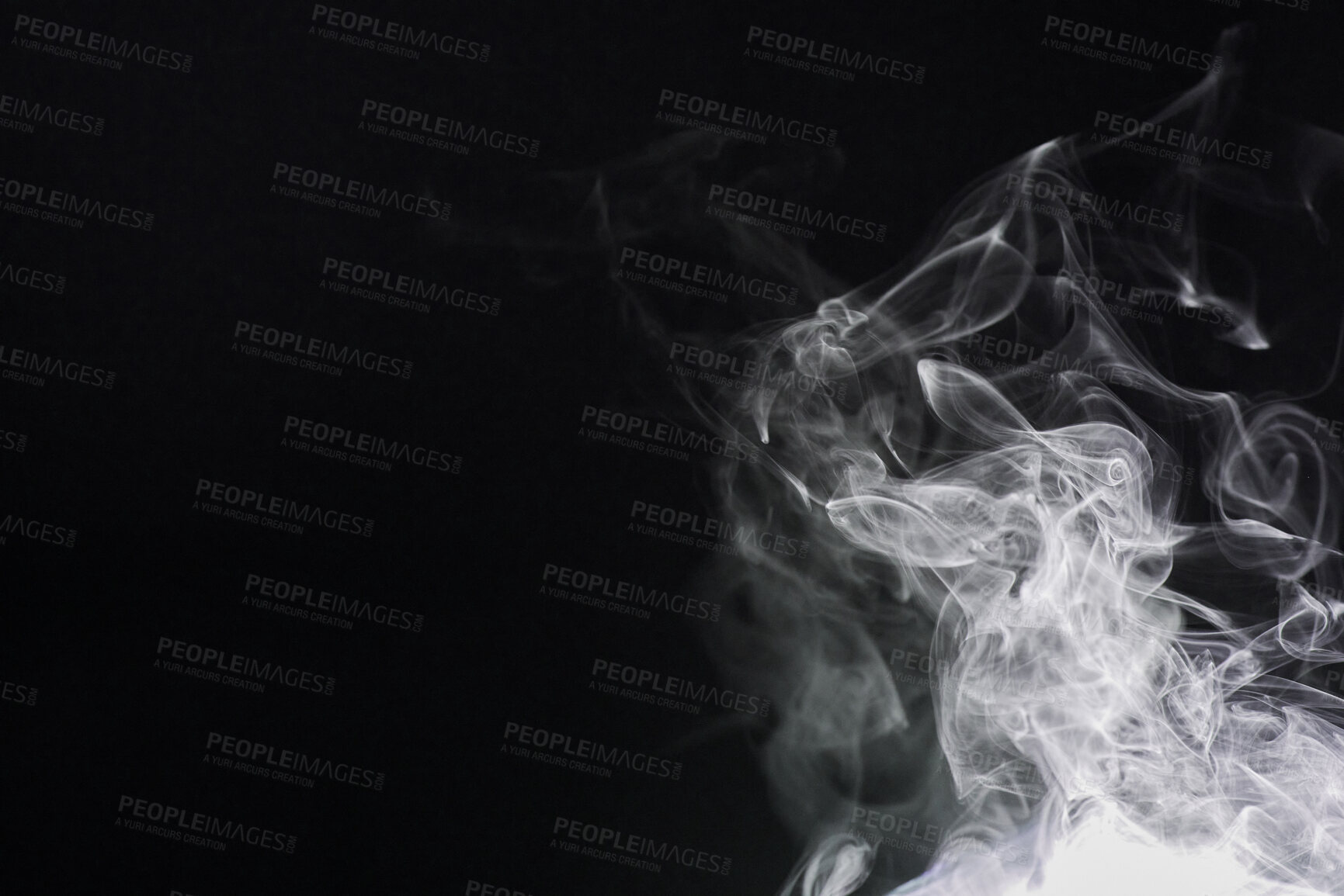 Buy stock photo Smoke, dark background and mist, fog or gas on mockup space wallpaper. Cloud, smog and magic effect on black backdrop of steam with abstract texture, dry ice pattern or vapor of incense moving in air