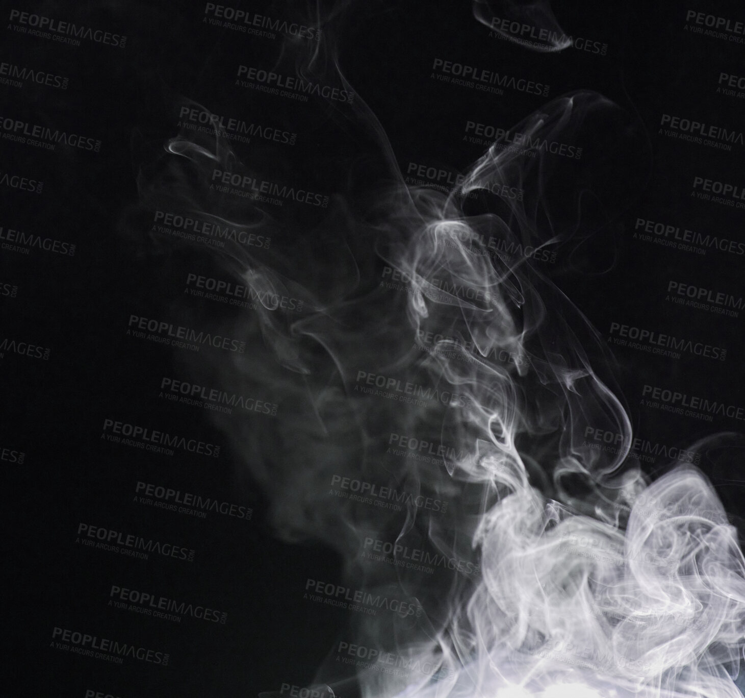 Buy stock photo Smoke, fog or gas in a studio with dark background by mockup space for magic effect with abstract. Incense, steam or vapor mist moving in air for cloud smog pattern by black backdrop with mock up.