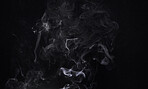Smoke, dark background and steam, fog or gas on mockup space wallpaper. Cloud, smog and magic effect on black backdrop of mist with abstract texture, dry ice pattern or vapor of incense moving in air