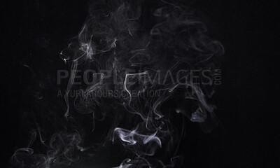 Buy stock photo Smoke, dark background and steam, fog or gas on mockup space wallpaper. Cloud, smog and magic effect on black backdrop of mist with abstract texture, dry ice pattern or vapor of incense moving in air