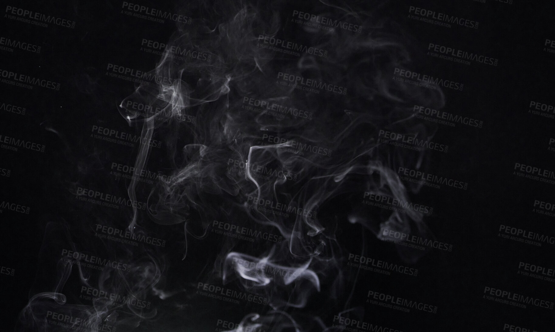 Buy stock photo Smoke, dark background and steam, fog or gas on mockup space wallpaper. Cloud, smog and magic effect on black backdrop of mist with abstract texture, dry ice pattern or vapor of incense moving in air