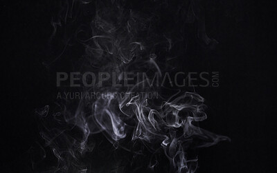 Buy stock photo Smoke, cigarette and dark or black background with pattern, texture and mockup for abstract art of gas or cloud design. Incense, fog or smoking of air pollution, texture or danger in empty studio